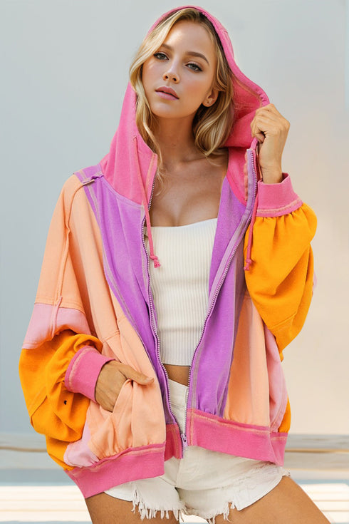 'Kaida' Colour Block Zip Through Hoodie - Celes Fashion